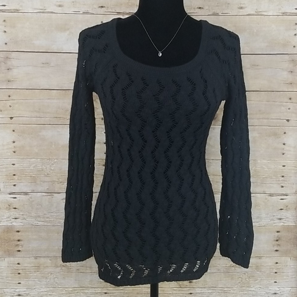 LOFT Black Open Knit Scoop Neck Sweater